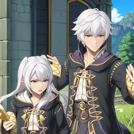 RobinFEXL, 1boy 1girl, white hair, wizard, , (anime, masterpiece, intricate:1.3), (best quality, hires textures, high detail:1.2), (4k),(incredibly detailed:1.4),UHD, 8K, ultra detailed <lora:RobinFEXL:.9>