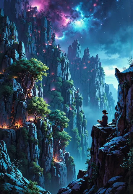 ghiblistyle fantasy oil painting, overlooking giant forest, young girl sitting on the side of a cliff. Multiple stars fill the sky, nebula in the sky, enhancing the fantasy atmosphere.