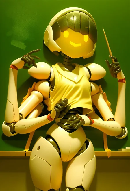 PonyScores7, robot, anime, humanoid robot, robot, robot joints, armor, robot girl, humanoid, digital eye, monitor face, digital nose, digital mouse, Body like a human,Robot Girl, Robogirl, SFW, anime style, holding a stick, no face, brawn skin, screenface, simple face, screen head, mask, solo, 1girl, black hair, multiple arms, extra arms, anatomically correct, extra sleeves, bob cut,
smile, Japanese classroom background, in front of the blackboard, like a teacher