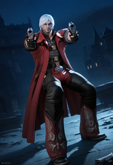 masterpiece, best quality, newest, hdr, dark, night, outdoors, closed mouth, 1boy, solo, da4e3, white hair, blue eyes, facial hair, beard stubble, black collared shirt, open collar, chest belt, red coat, trench coat, sleeves rolled up, black gloves, partially fingerless gloves, buckle, black chaps, red pants, cowboy boots, holding handgun, ebony & ivory, dual wielding, foreshortening, dynamic pose, full body,
<lora:Dante DMC 4:1>