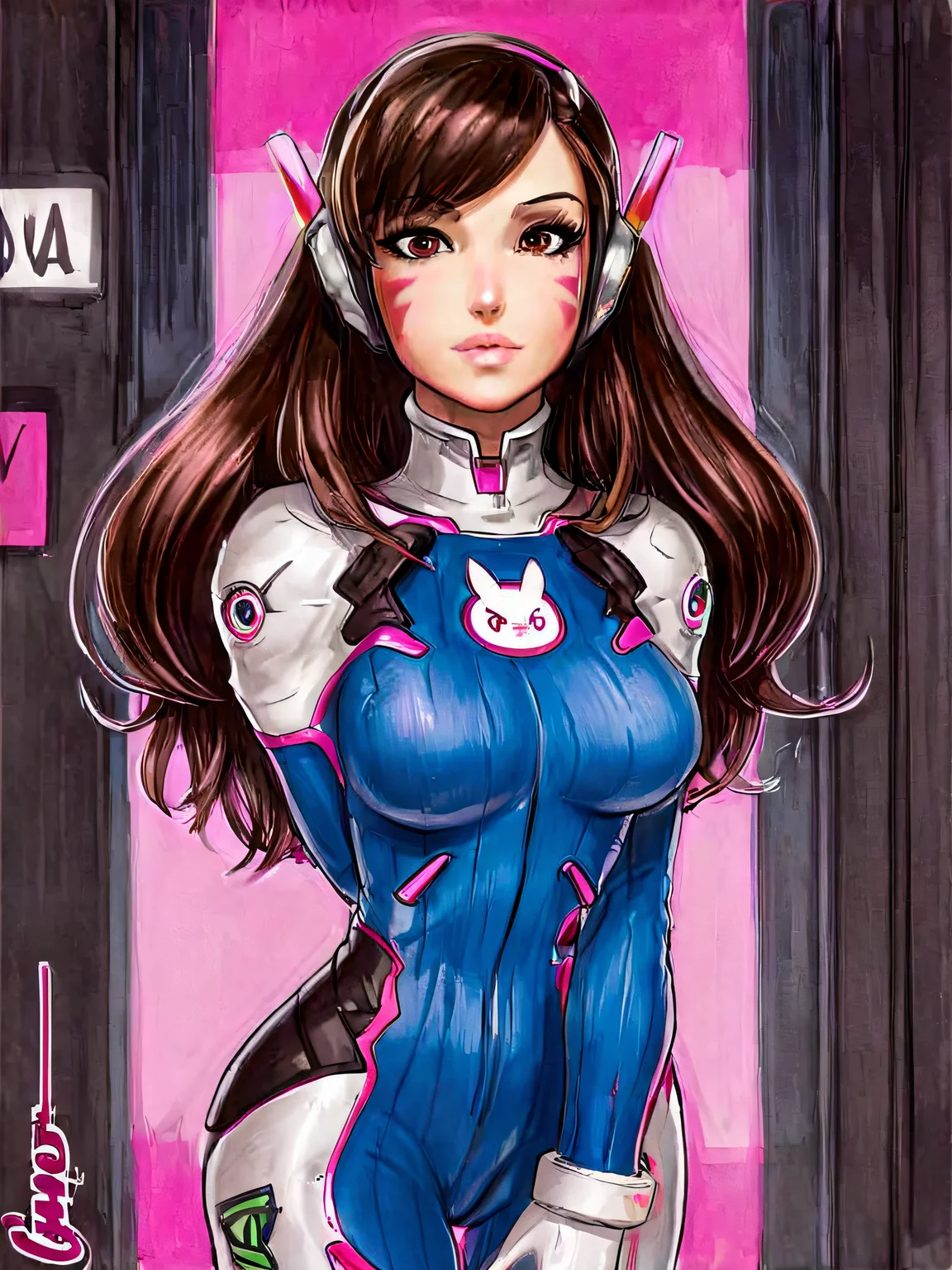 Dva, 1girl, solo, standing, looking at viewer, dark city, pink highlights, brown eyes, brown hair, jumpsuit, skin tight, <lora:d.va_xl_v1:1>, <lora:Dogan_Style:0.7>
