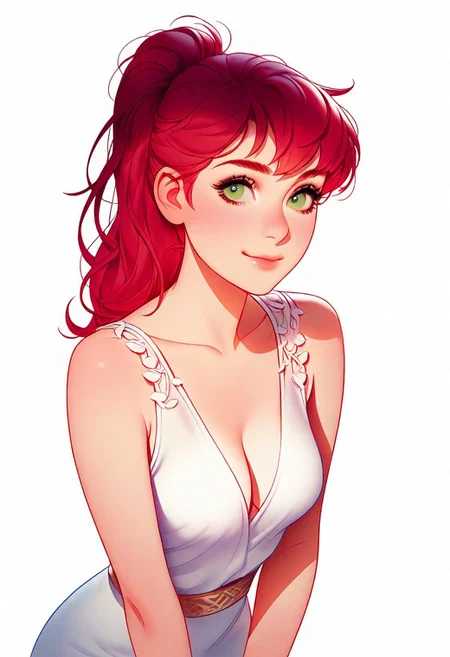 1girl, solo,
natural red hair, ponytail, green eyes, detailed eyes, thin lips, medium breast,
looking at viewer, smile,
elegant clothes,
artist : tsuaii,
(((white background))), masterpiece, best quality, very aesthetic