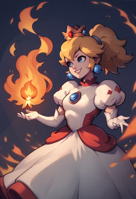 score_9, score_8_up, score_7_up, score_6_up BREAK solo,abstract background,IncrsPchFire, long hair, ponytail, elbow gloves, white gloves, white dress, puffy sleeves, puffy short sleeves, brooch, crown, jewelry, earrings,fire, fireball,palm up,grin <lora:PrincessPeach_XLPD:1>