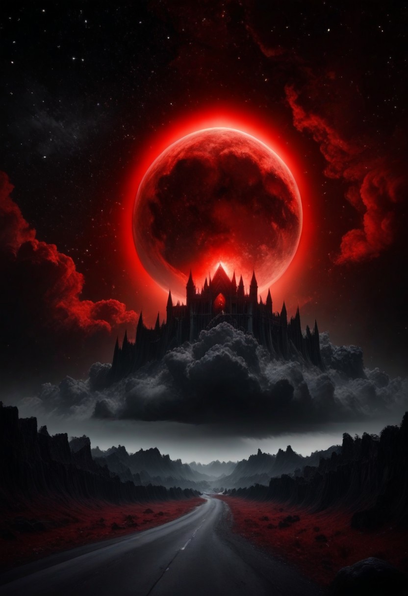 A large castle ,night time, red, black, grey colors, giant red moon in sky, cosmic sky, clouds, realistic,