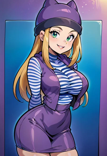 score_9, score_8_up, score_7_up, score_6_up, score_5_up, score_4_up, just describe what you want, tag1, tag2, source_cartoon, rating_questionable,
zzIzumi, perfect, green eyes, blonde hair, long hair, purple vest, striped shirt, hat, purple miniskirt,
, 1girl, beautiful, bedroom eyes, big breasts, big butt, breasts, butt, charming, cleavage, easynegative, elegant, female, flirting, four fingers one thumb, graceful, hands behind back, legs together, long hair, long legs, looking at you, perfect legs, sexy, show accurate, smiling, solo, standing, tall, thick thighs, thighs, thin waist, voluptuous, white-like-paper skin, white skin, wide hips, Vivid