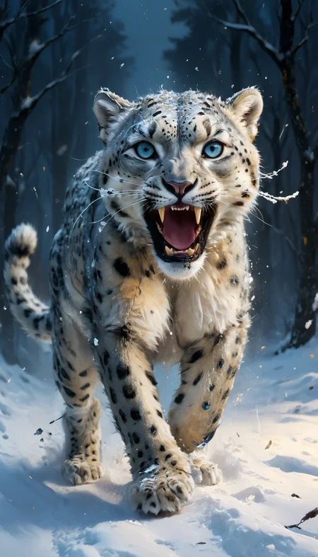 <(Beautiful Matte Painting of a snow leopard running in the snow, night time, light blue eyes, dark background, insanely detailed, snow-covered forest, snowing, rough paint strokes, rough texture, small gold paint strokes abstract, detailed matte painting):1.0>,
<(detailed matte painting, deep color, fantastical, intricate detail, splash screen, complementary colors, fantasy concept art, 8k resolution trending on Artstation Unreal Engine 5):0.9>
<lora:add-detail-xl:1>,
<lora:xl_more_art-full_v1:1>