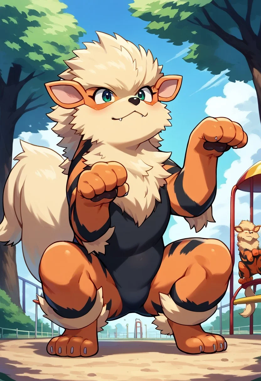 source_furry, moe, cute, score_10, score_9_up, score_8_up, score_7_up, background:park,playground,
((paw pose)),mesuinu,squatting,leg lift,
1girl, solo, arcanine, Feral,