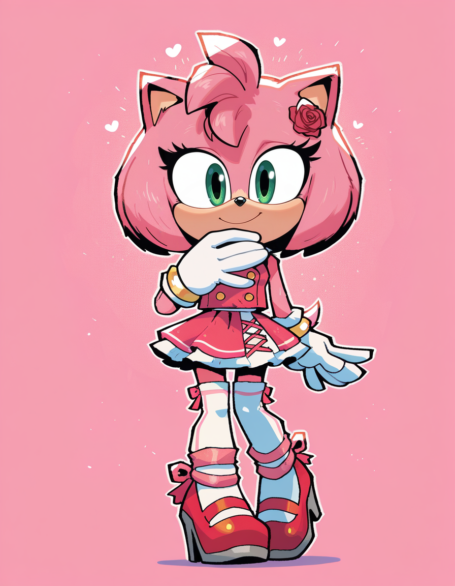 1girl, solo, full body, no humans,
<lora:Movie-Amy:1> movieamy, pink fur, green eyes, animal nose, body fur, hedgehog tail, petite, short legs, short hair, bob cut,
white gloves, <lora:rariatto-IL:1.0> rariatto,
idol outfit, double-breasted top, flared skirt, thighhighs, heels, rose hair clip, standing, hand over heart, soulful look, smile, heartfelt vibe, extremely detailed, highres, masterpiece, best quality