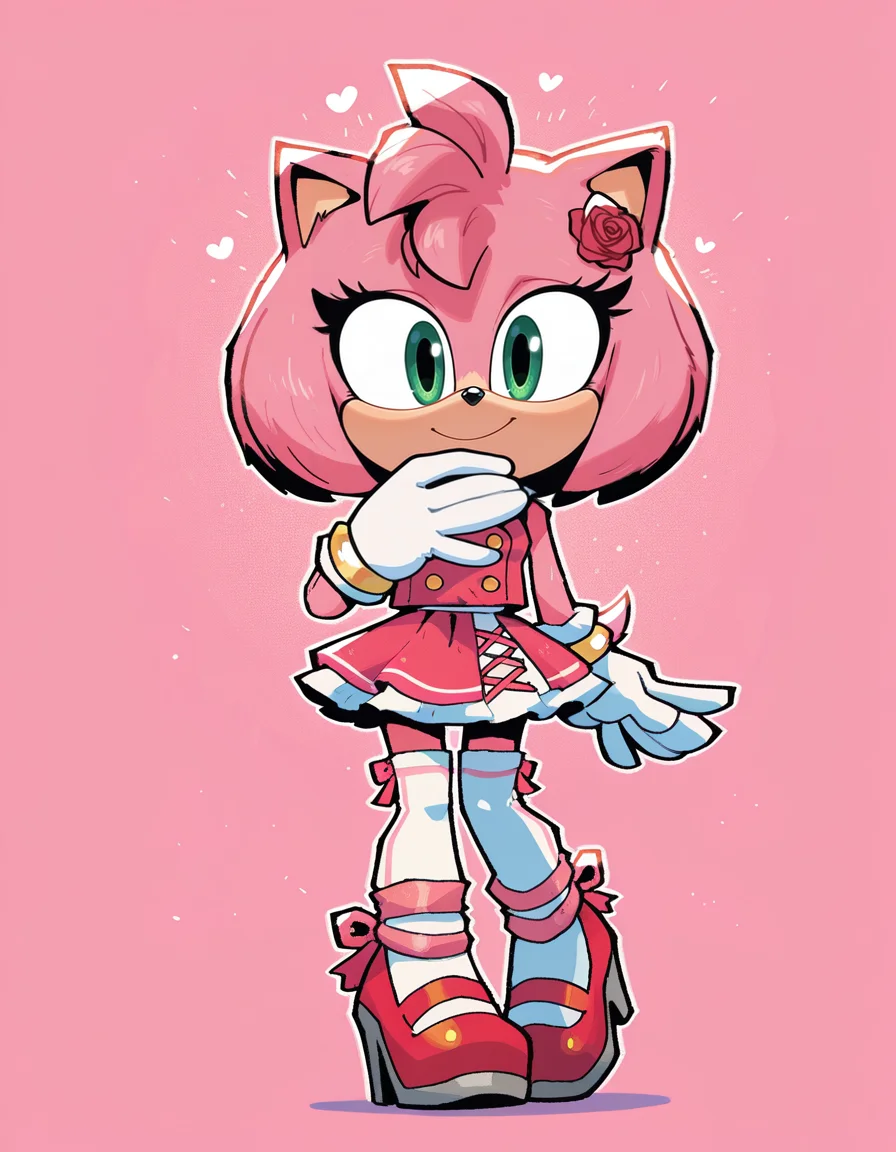 1girl, solo, full body, no humans,
<lora:Movie-Amy:1> movieamy, pink fur, green eyes, animal nose, body fur, hedgehog tail, petite, short legs, short hair, bob cut,
white gloves, <lora:rariatto-IL:1.0> rariatto,
idol outfit, double-breasted top, flared skirt, thighhighs, heels, rose hair clip, standing, hand over heart, soulful look, smile, heartfelt vibe, extremely detailed, highres, masterpiece, best quality