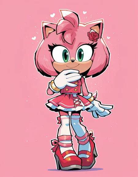 1girl, solo, full body, no humans,
<lora:Movie-Amy:1> movieamy, pink fur, green eyes, animal nose, body fur, hedgehog tail, petite, short legs, short hair, bob cut,
white gloves, <lora:rariatto-IL:1.0> rariatto,
idol outfit, double-breasted top, flared skirt, thighhighs, heels, rose hair clip, standing, hand over heart, soulful look, smile, heartfelt vibe, extremely detailed, highres, masterpiece, best quality
