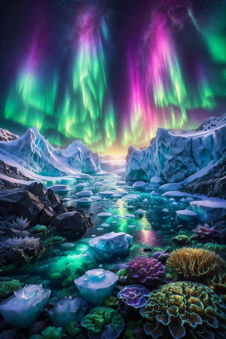 arctic canyon with radiant ice, morph-aurora, coral reef with vibrant fish, detailed background, best quality, vibrant colors, photorealistic style, high detail, hyper-realistic, highres, 4K resolution, realistic photo, masterpiece, ultra-detailed, ethereal light, greens and golds, ethereal glow, wide shot, <lora:add-detail-xl:1> <lora:aurora_0_100_V1-000009:0.65>