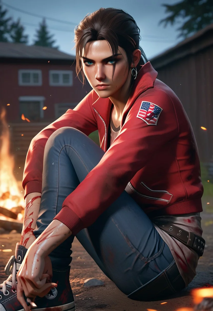 score_9, score_8_up, score_7_up, Zoey from "left 4 dead" sits by a campfire, the light flickering on her face from the weather. Her gruff exterior coupled with a deep sense of loyalty make for a complex and compelling character in a wild, lawless world, dirty face, minor bruises and cuts, worn out clothing, dirty clothes, dirt, blood stains, staring at viewer, serious gaze, dark hair tied up, fair skin, skin with sweat, dark blue eyes, red hooded jacket, open jacket, grey t-shirt underneath, dirty t-shirt, dark jeans, belt with gun holster, grey converse sneakers, worn out,