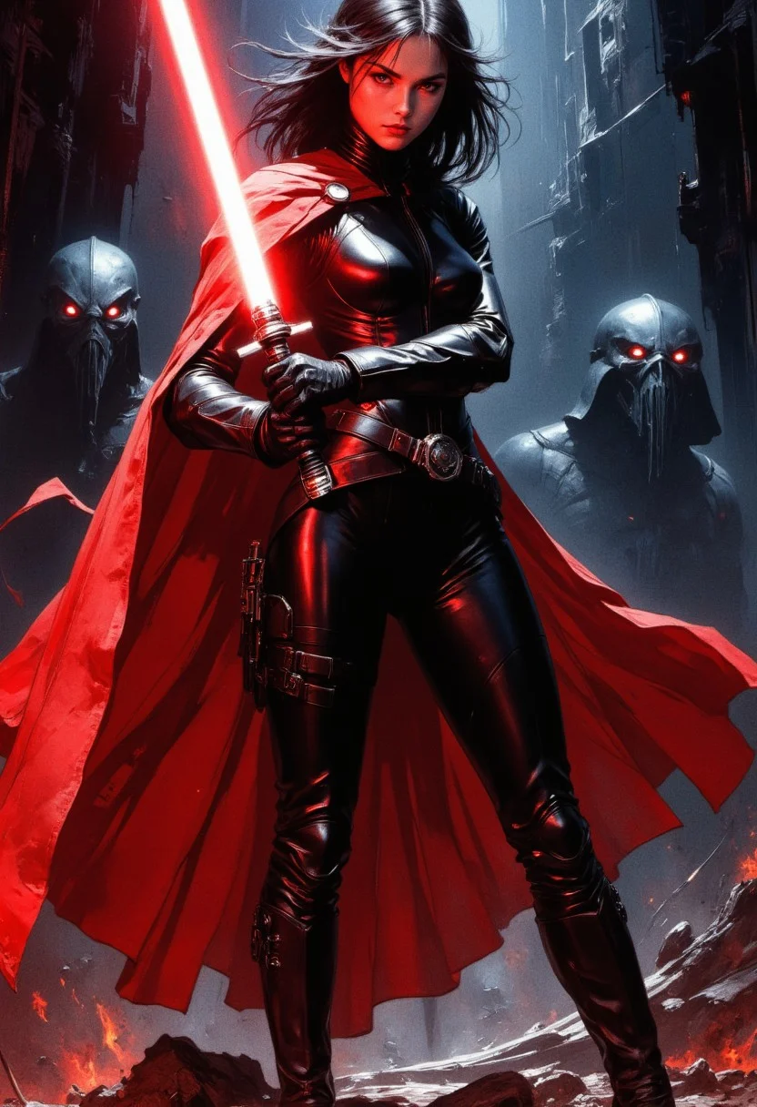 Highly detailed and hyper realistic high-quality cinematic photograph of a young woman with fair skin and dark, straight hair wielding a glowing red lightsaber. She wears a tight, black, full body latex suit with a flowing red cape and black heavy army boots. She has an extremely attractive face with red glowing eyes and a very lethal and determined look.  The background features dim, shadowy creatures lurking in the dark with evil glowing eyes. The lighting is highly dramatic, focusing on the woman, creating a heroic, intense atmosphere. The camera angle is low, emphasizing her powerful, extremely dynamic, fighting stance.