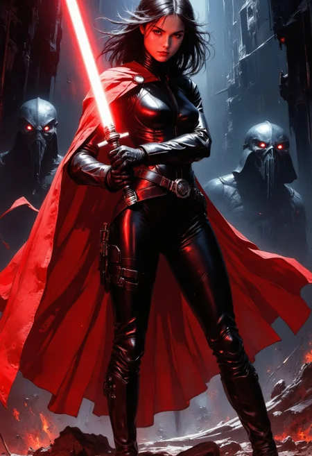 Highly detailed and hyper realistic high-quality cinematic photograph of a young woman with fair skin and dark, straight hair wielding a glowing red lightsaber. She wears a tight, black, full body latex suit with a flowing red cape and black heavy army boots. She has an extremely attractive face with red glowing eyes and a very lethal and determined look. The background features dim, shadowy creatures lurking in the dark with evil glowing eyes. The lighting is highly dramatic, focusing on the woman, creating a heroic, intense atmosphere. The camera angle is low, emphasizing her powerful, extremely dynamic, fighting stance.