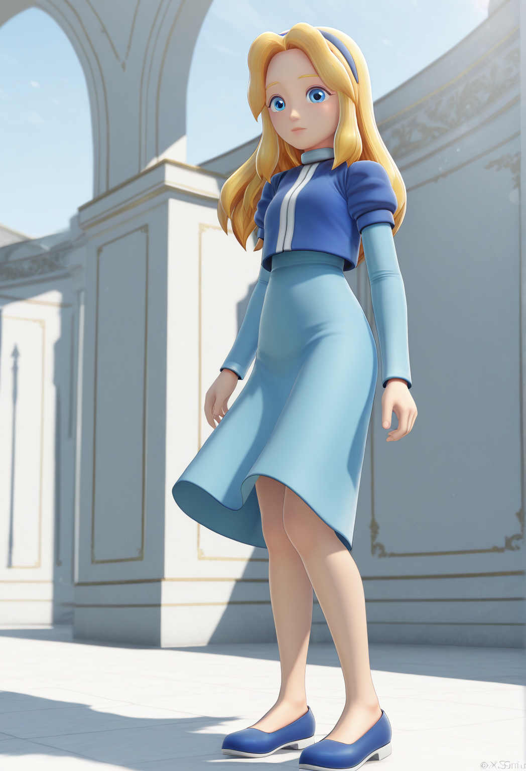 masterpiece, best quality, amazing quality, highres, absurdres, intricate detail, 3d, 1girl, solo, sxsgmaria_robotnik, long hair, blonde hair, blue hairband, blue eyes, blue dress, puffy sleeves, medium skirt, shoes, blue footwear, outside, sky,