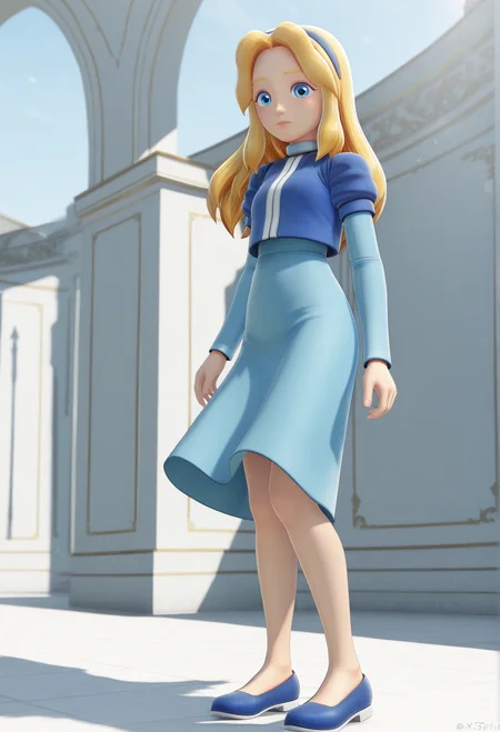 masterpiece, best quality, amazing quality, highres, absurdres, intricate detail, 3d, 1girl, solo, sxsgmaria_robotnik, long hair, blonde hair, blue hairband, blue eyes, blue dress, puffy sleeves, medium skirt, shoes, blue footwear, outside, sky,