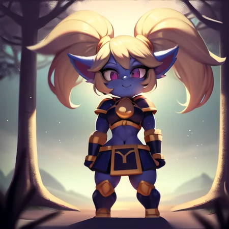 poppy, twintails,blue skin,furry,fluffy ears,yordle,shortstack,1girl,blonde hair,standing up,purple eyes,arms wide,hands,breasts,(armor),forest,sunlight,bush,abs,smile,hand on tree