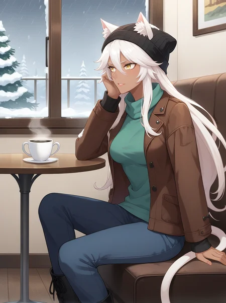 score_9, score_8, score_7_up, source_anime,
granart needakitta, animal ears, white hair, long hair,dark-skinned female, yellow eyes, white cat tail, 1girl, solo, animal ears
medium breasts,
sitting in a restaurant, winter, window, snow, storm, hot coffee, table, long sweatpants, boots, jacket, beanie
<lora:StS_PonyXL_Detail_Slider_v1.4_iteration_3:0.2> <lora:Expressive_H:0.1> <lora:housechores-guy-PONYv1:0.4> <lora:granart needakitta 0.1:0.65>