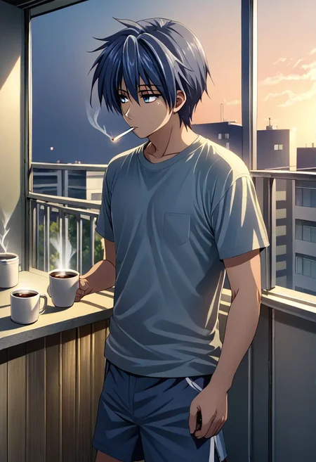 high resolution, solo, best quality, 1Boy, Tomoya Okazaki, Grey Blue Hair, home balcony, morning, cigarette, coffee, t-shirt, shorts, looking away, OverallDetail