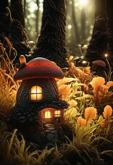 Bf-style, A translucent dark-red beautiful Nature mushroom House, volumetric lighting, ultra detailed, deep Blacks, very detailed, atmospheric haze, Film grain, cinematic film still, shallow depth of field, highly detailed,