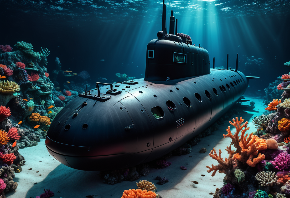 award winning, (professional photo) of (majestic minuscule black submarine) with stealth-coating hull, diesel-electric engines,  luminescent surfaces,  the submarine is navigating through  an enchanting coral reef, with glowing corals, bioluminescent sea creatures, a mesmerizing ambiance, , creative, beautiful, vibrant, masterpiece, 64k, UHD, HDR, full view, atmospheric lighting, extremely detailed