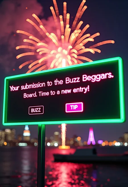 Test error message on Windows saying "Your submission to the Buzz Beggars Board has expired. Time to make a new entry!" with options "BUZZ" and "TIP" available for selection. Neon green border. Fireworks, sparks, sparkles, glitter, vapourwave aesthetic