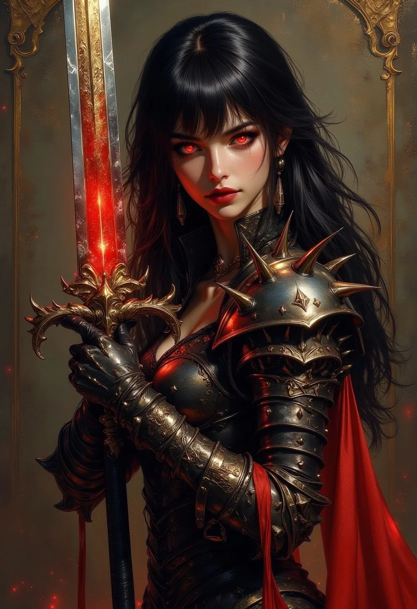 renaissance masterpiece painting depicting a stunning female hellknight, spiky armour, no helmet, glowing eyes, dark hair, bangs, dark eyeshadow, thin red lips, holding huge sword glowing red, dynamic pose