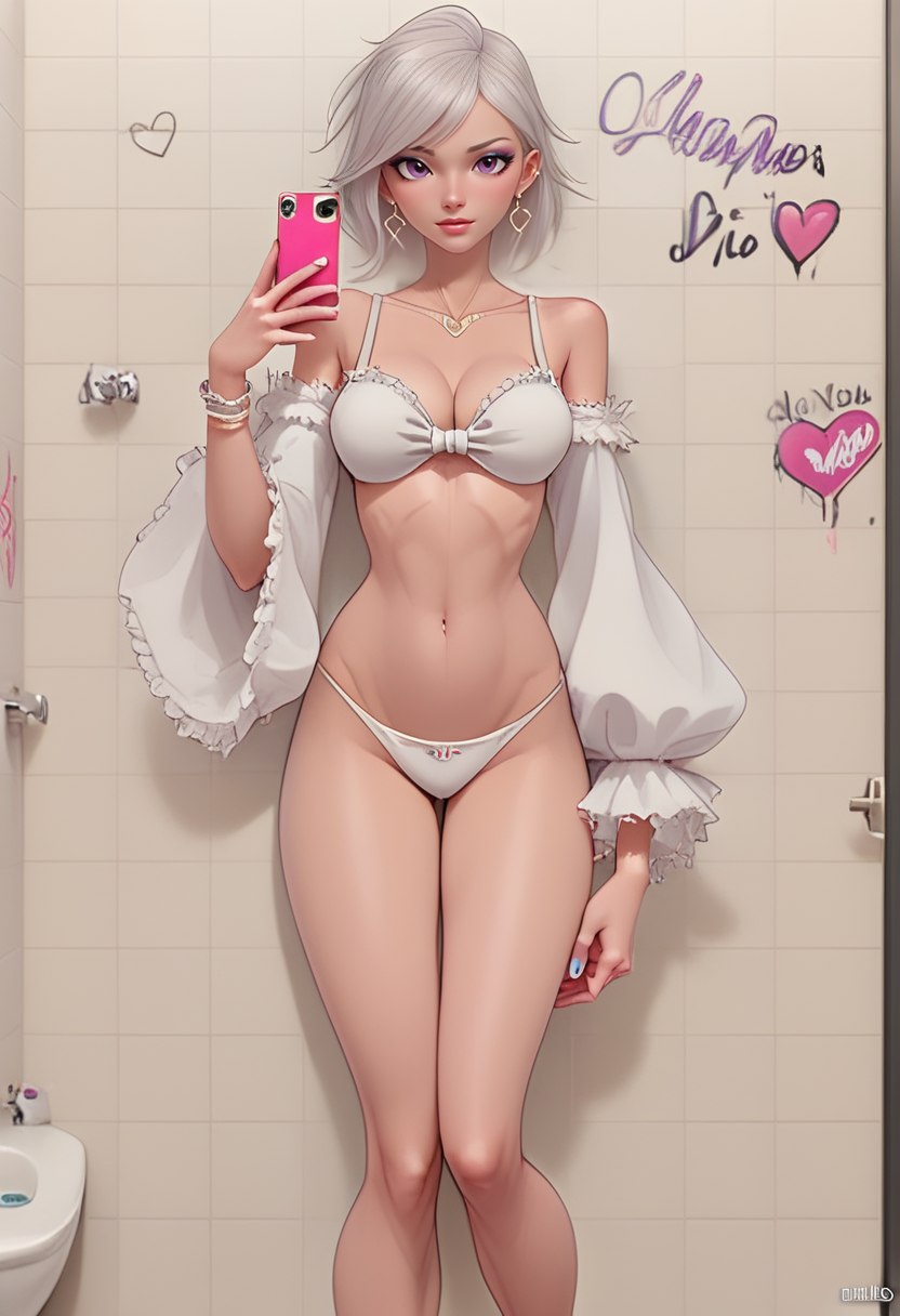 expressive, anime, cartoon, neon hearts, speedlines, dynamic, neon , medium breasts, bathroom, graffiti, selfie, seductive, cute, jewelry, gyaru, neon colours, asian, two-toned dark hair, hazy air sw1nl1ke, 1girl, solo, grey hair, short hair, underwear, detached sleeves, panties, white panties, white bra , absolute masterpiece, best quality, ultra detailed  , Expressiveh <lora:Pony_Sw1nL1ke_LORA-000004:1> <lora:Expressive_H:1>, score_9_up, score_8_up, score_7_up, best_quality , 5 fingers, 5 toes
