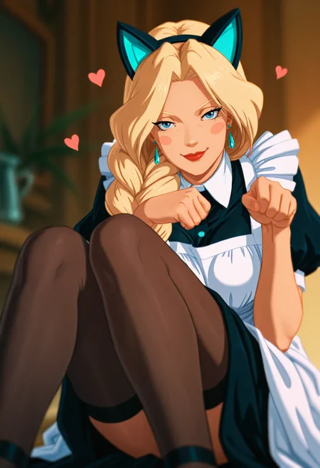 anime artwork (masterpiece, best quality), mature female, 
 <lora:nastasya:0.8> nastasya, 1girl, solo, blonde hair, long hair, blue eyes, jewelry, blush stickers, earrings, red lips, braid, single braid,  sexy, medium breast, <lora:noobai_vpred_1_masterpieces_v23:1> masterpiece, best quality, very aesthetic <lora:nikifikini:1.5> nikifikini
1girl, animal ears, apron, black legwear, blurry, blurry background, blurry foreground, cat ears, depth of field, enmaided, fake animal ears, film grain, focused, hair bobbles, heart, looking at viewer, maid, maid apron, motion blur, , paw pose, sitting, smile, solo, white apron . anime style, key visual, vibrant, studio anime, highly detailed