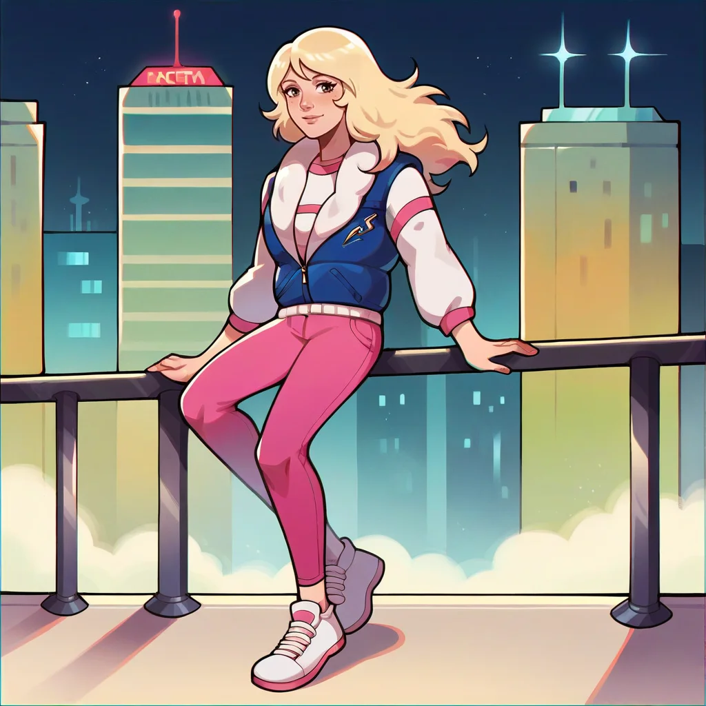 score_9, woman, solo, <lora:(Dinosaucers) - Sarah Spencer:0.8> sarahspencer, blonde hair, long hair, jacket, pink pants, shoes, city,