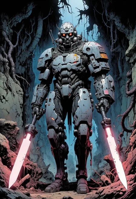 Comic book style, (dynamic viewpoint:1.3), (dramatic angle:1.4). Male soldier in massive, imposing gray power armor, resembling a walking tank. Wearing a helmet with two narrow slits for eyes, glowing red, with a mechanical mask covering the rest of his face. He holds a large glowing energy blade in each hand.
Armor Details: Heavy, reinforced, cyberpunk style, with complex joints and armored plates, giving a powerful, unbreakable appearance.
Background: (Dark cavern:1.4), with walls covered in grotesque growths merging dark flesh and mechanical parts, creating a horrific, macabre setting. Twisted metal tendrils and organic tissue pulse along the walls, illuminated faintly by the soldier’s red eye glow.
Pose: Intense, battle-ready stance, poised to unleash destruction on enemies in the dark, sinister environment.