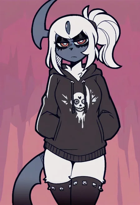 Masterpiece, best quality, aesthetic, high resolution, 1girl, anthro, solo, female, absol, tied hair, colorful, emo, angey, bottomless, thighhighs, hoodie, dark eyeshadow, dark eye circles, ponytail,
Vanripper