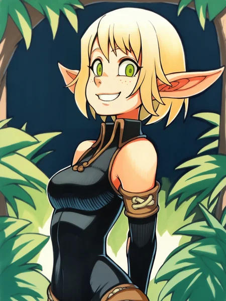 score_9, score_8_up, score_7_up, score_6_up, score_5_up, score_4_up, BREAK, source_cartoon, source_anime, 1girl, evangelyneold, blonde hair, short hair, green eyes, pointy ears, elf, black fingerless elbow gloves, bare shoulders, bodysuit, smile,arms behind back, upper body, solo, looking at viewer, trees, jungle background, marker \(medium\), traditional media <lora:EvangelyneXL:1> <lora:OmarDogantXL:1>