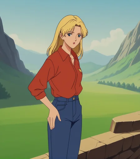 score_9, score_8_up, score_7_up, score_6_up, source_cartoon, anime screencap, <lora:Heavy_Metal_Style-000007:1> Heavy Metal, 1girl, blonde hair, color background, outdoors, retro_artstyle,
