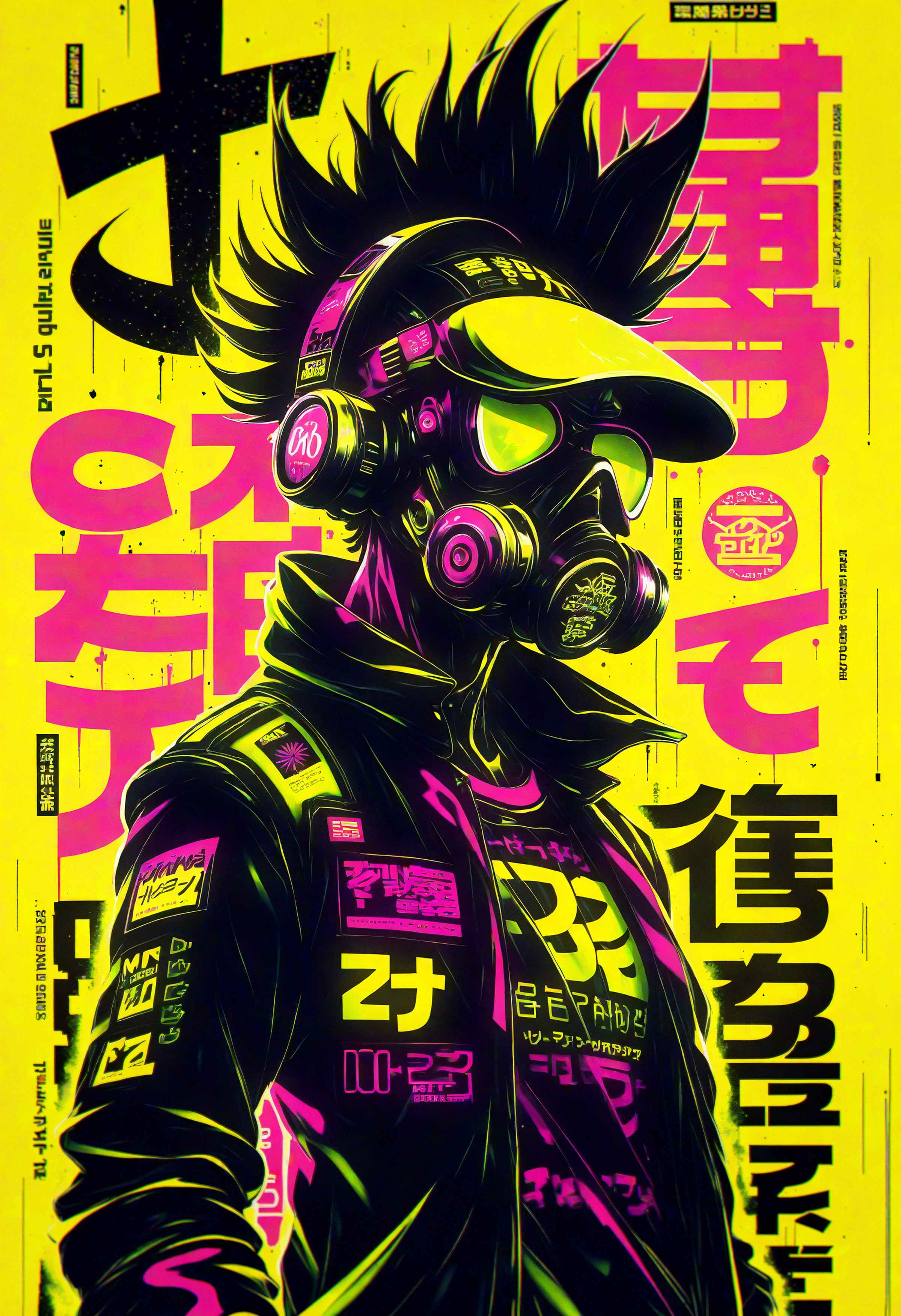 bo-cpposter,  futuristic portrait of a figure wearing a sleek gas mask and stylized helmet, exuding an edgy urban vibe. The character has wild, tousled hair and is dressed in a fitted black jacket adorned with neon accents, set against a vibrant backdrop. Utilize a color palette dominated by bright yellows, electric pinks, and deep blacks, creating a high-contrast, cyberpunk aesthetic. Incorporate graphic elements and abstract shapes that evoke a sense of movement and energy. The setting should suggest a bustling cityscape with neon signage subtly blurred in the background, creating depth. Aim for a hyperrealistic style that emphasizes sharp details, showcasing the character's intense expression and unique attire. , <lora:Flux\boFLUX Cyberpunk Poster.safetensors:1.4000000000000001:1.4000000000000001>
