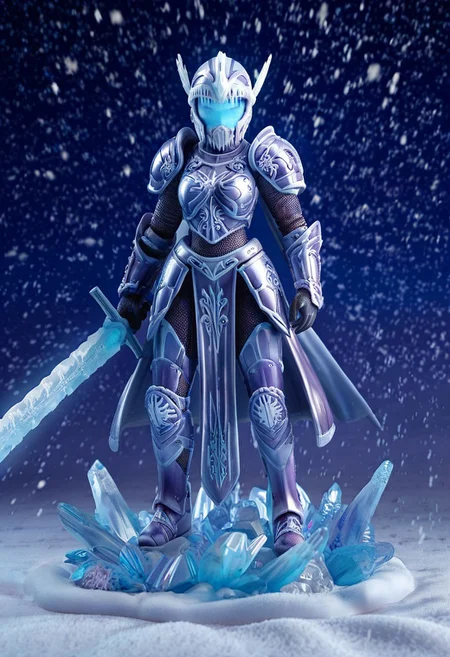 Hyperrealism, fully dressed, female character, slim body, petite, night, ice leather armor, leather armor made of ice, frost, snowing, snow, frozen, galactic, (extremely detailed overall:1.5), closer, (GIGA ARMOR:1.5), translucent armor, meteor falling background, full face helmet, supreme armor, sfw only, full body, fr0stwrld, action figure, sub zero, (huge ice sword), (hyper_sword), (parade Rest with Ice Sword),