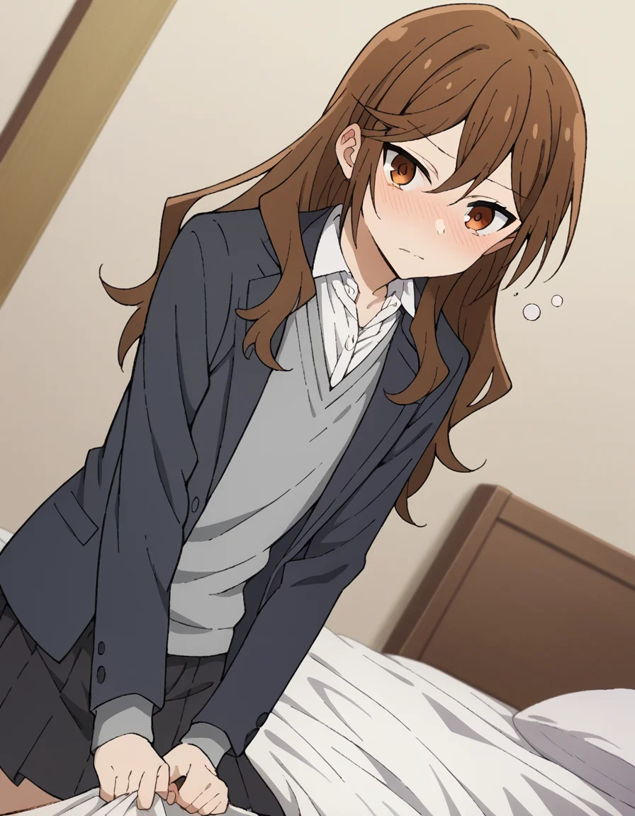 score_9, score_8_up, score_7_up, source_anime,
kyoukohori, <lora:kyouko-hori-s2-ponyxl-lora-nochekaiser:1>,
kyouko hori, long hair, bangs, brown hair, hair between eyes, brown eyes,
shirt, school uniform, jacket, collared shirt, blazer, sweater, grey sweater, white shirt, black blazer, skirt, black skirt,
indoors, bed, bed room, on side, blush, drunk,
cowboy shot, looking at viewer, solo, dutch angle,