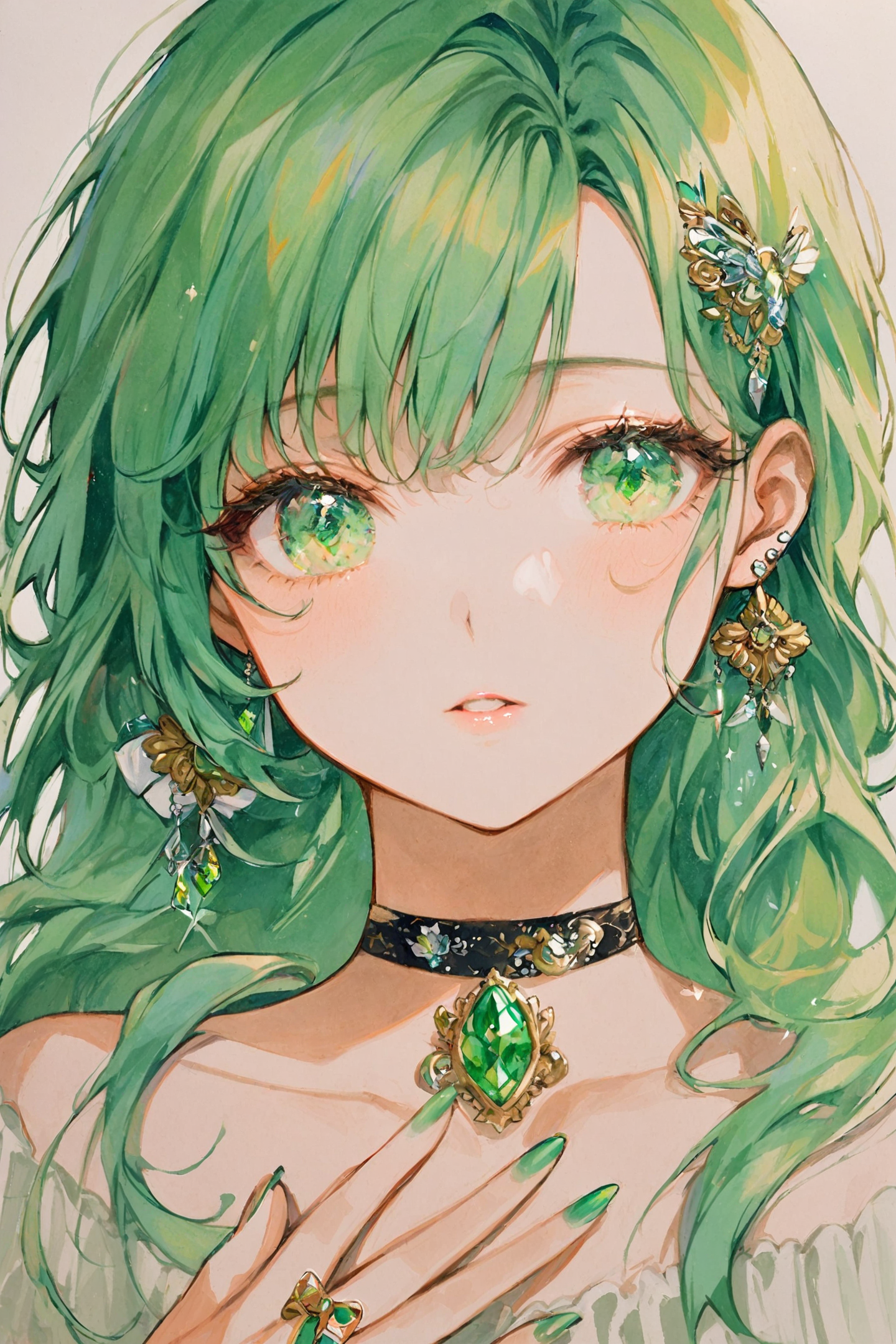 1girl, green nails, solo, jewelry, green eyes, earrings, gem, ring, green hair, long hair, looking at viewer, bangs, green gemstone, eyelashes, portrait, nail polish, parted lips, hair ornament, choker, bow, ribbon, hand up, traditional media, <lora:Hyatsu_XL:0.9>,