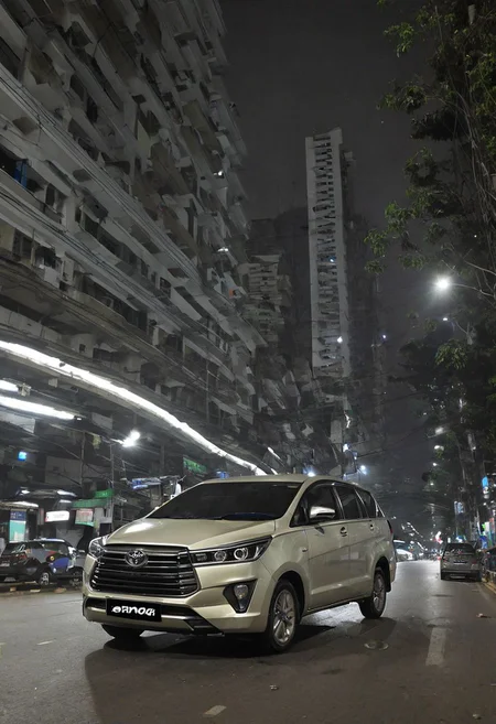 Toyota Innova, middle of the road, middle of the city, quiet, at night,