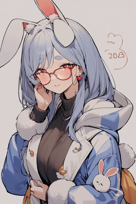 masterpiece, best quality, 1girl, mature female, <lora:sppekomamadefXL:1> pekomamadef, thick eyebrows, bunny-shaped pupils, rabbit ears, animal ear fluff, black sweater, blue jacket, cherry earrings, earrings, glasses, hat, hood, hood down, hooded jacket, jacket, jewelry, long sleeves, open clothes, open jacket, red-framed eyewear, scarf, sweater, white scarf, winter clothes, 2023, kadomatsu, rabbit, simple background, striped, white background, year of the rabbit
