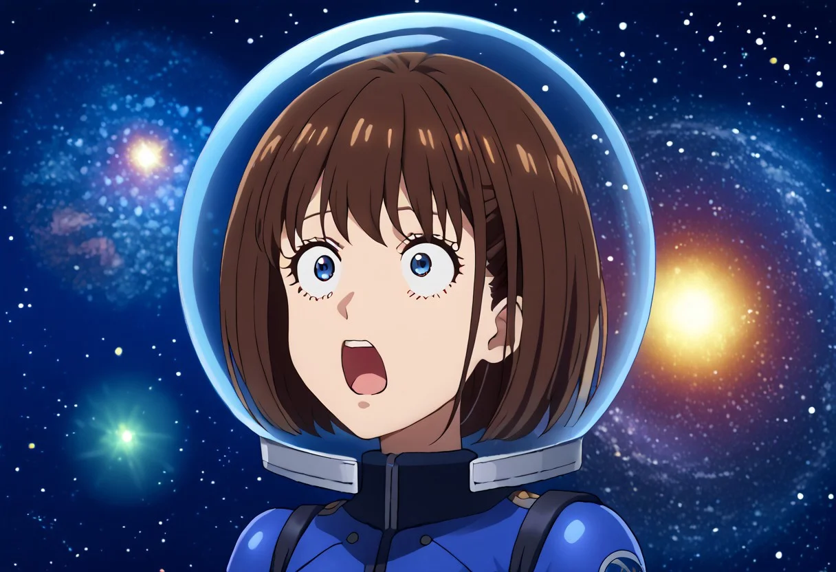 score_9, score_8_up, source_anime, 1girl, (medium breasts), cleavage, 1girl,solo,scared,panicking,raised eyebrows,wide-eyed, wearing edgsby_(bodysuit), Gloves, boots, latex, skin tight, space helmet,helmet,astronautfloating,space, starry sky, space helmet, galaxy, chisato nishikigi, short hair, bangs, brunette hair, blue eyes, bob cut, detailed face, cowboy shot, Dutch angle,<lora:space-cat-ponyxl-lora-nochekaiser:1> space cat, space cat (meme), galaxy, meme, space, galaxy background, universe, nebula, star (sky), blank stare, looking up, open mouth