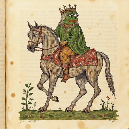medieval illustration of pepe as warrior, medieval,old paper