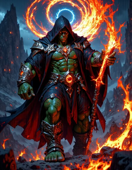 A formidable orc wizard is portrayed in the middle of an awe-inspiring spellcasting ritual. His towering, muscular frame is wrapped in a dark, tattered robe embroidered with fiery crimson and golden runes that pulsate with raw arcane energy. His green skin is adorned with tribal tattoos that glow faintly as the spell intensifies. His piercing, amber eyes burn with intelligence and power, while his tusks add a primal fierceness to his expression. One hand clutches a gnarled staff topped with a glowing crystal, and the other is outstretched, summoning a whirlwind of elemental energyâfire, lightning, and shadow intertwining in a chaotic yet controlled dance.
The backdrop is a stormy mountaintop, with jagged rocks illuminated by flashes of lightning, and a swirling vortex of magical energy forming in the dark, ominous sky. The air is alive with crackling energy, and glowing runes and symbols hover in midair around him, pulsing with each chant. His cape billows dramatically in the wind, and the ground beneath him is scorched and cracking under the sheer force of his power.
The scene conveys an overwhelming sense of dominance, wisdom, and raw magical might, capturing the orc wizard as a master of arcane arts and a force to be reckoned with.. hkbeauty <lora:Anime v1.3:0.7> <lora:TestStyle-000001:0.85> <lora:FluxMythP0rtr4itStyle:0.8>