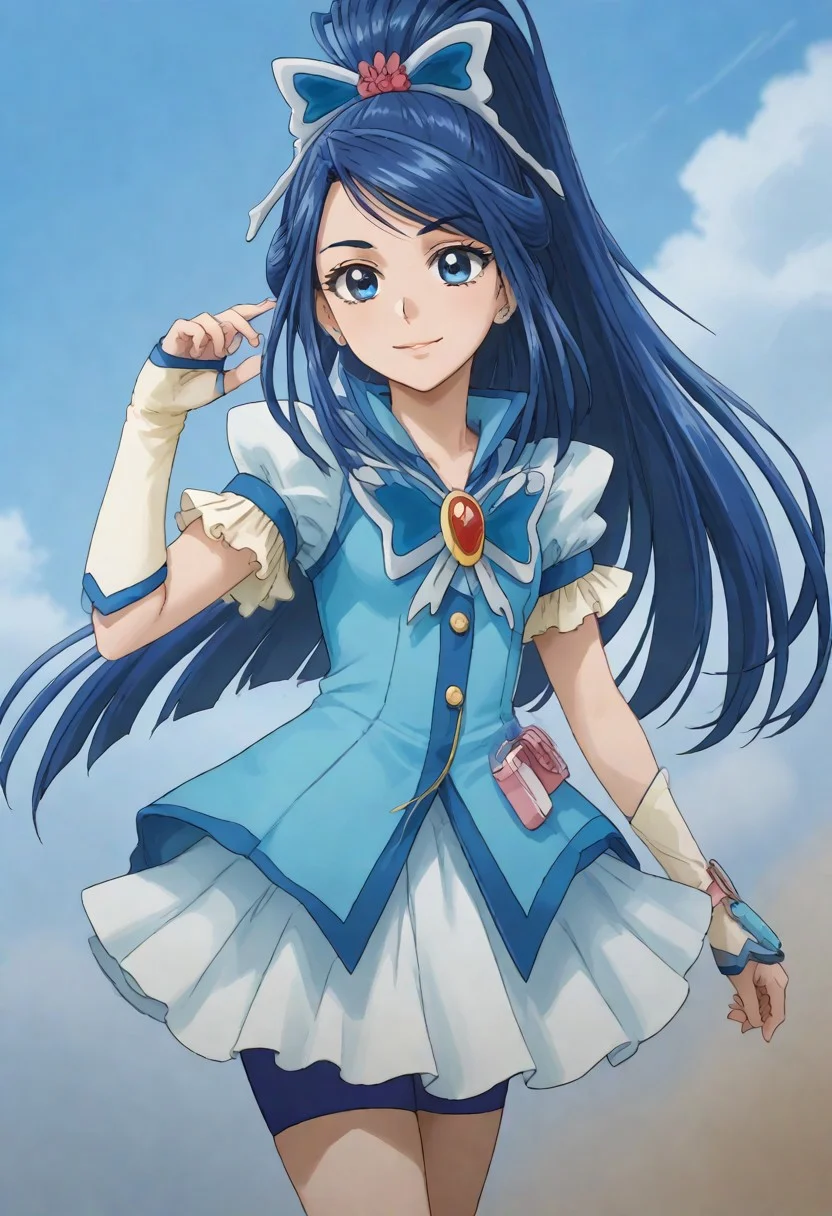 (masterpiece:1.3), (high quality:1.3),1girls(1girl: cureaqua-go,blue hair,wide ponytail,long hair,blue eyes,earring,white dress,blue vest,butterfly hair ornament,butterfly brooch,white elbow gloves,fingerless gloves,blue shorts,),sky,smile,cowboy shot,