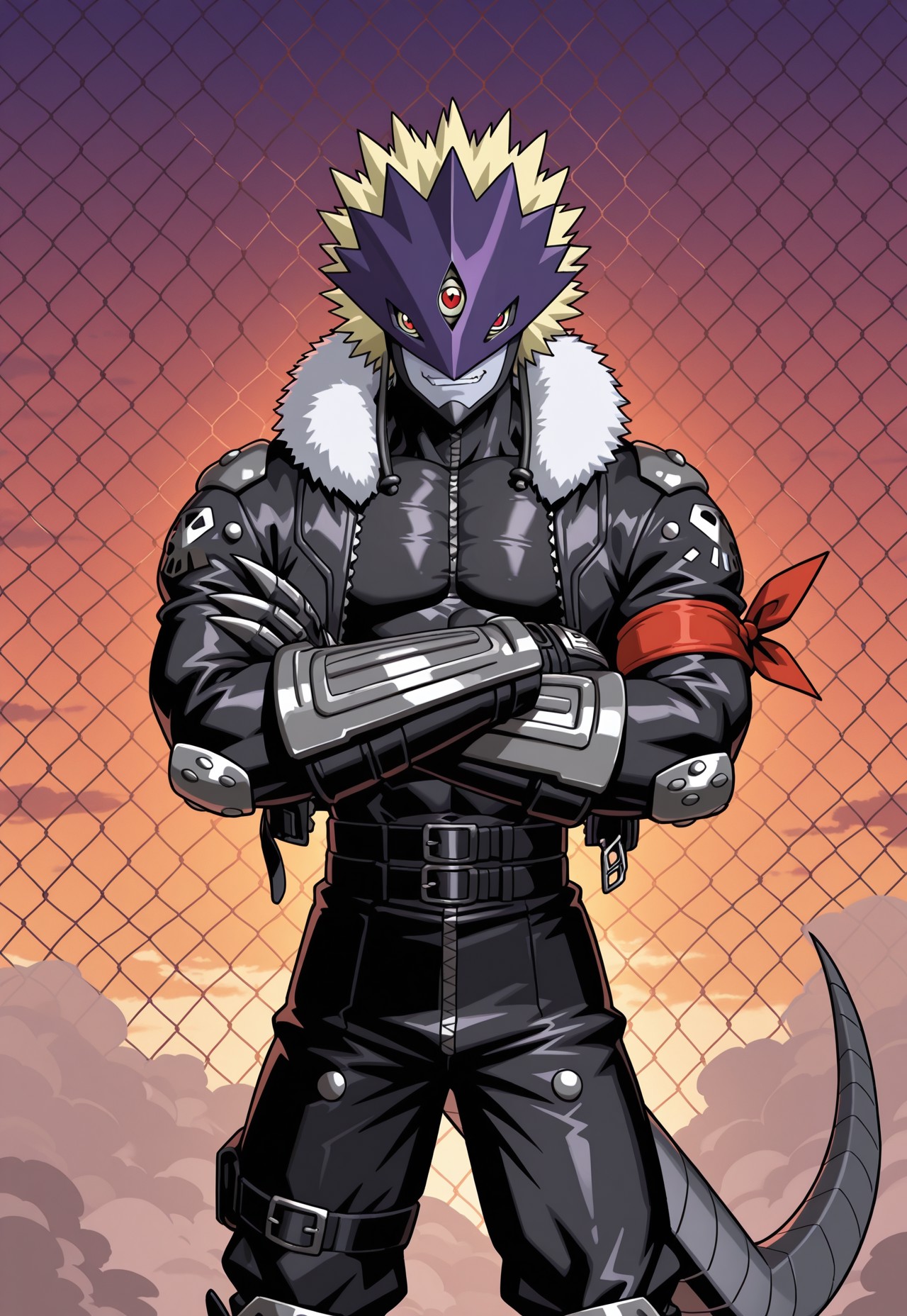 2d, solo, 1boy, male, Beelzemon, digimon (creature), humanoid, red eyes, third eye, purple mask, blonde hair, spiky hair, colored skin, gray tail, scaly steel tail, muscular, abs, pecs, claws

Fur trim, red arm bandana, Zipper, skin tight shirt, black leather shirt, black open jacket, cropped jacket, long sleeves, black belts, black leather pants, black boots, steel arm pads, steel knee pads, steel toed boots, 

BREAK outside, sunset in background, aesthetic, arms crossed, cowboy shot, smirk, chain-link fence, looking at viewer, dust, windy

BREAK best quality, amazing quality, very aesthetic, absurdres, newest, masterpiece, high quality