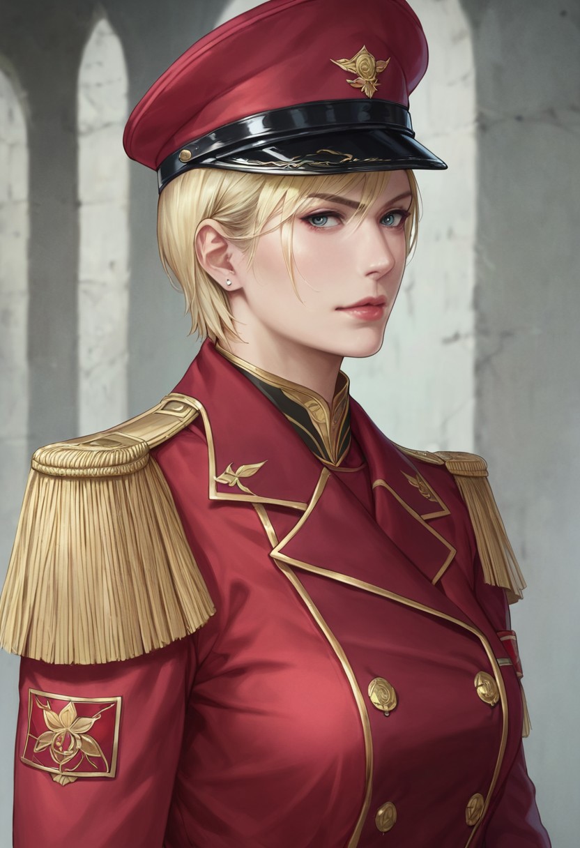 score_9, score_8_up, score_7_up, score_6_up, source_realistic, BREAK 1girl, solo, Commander, blonde, short hair, Military hat, military uniform, epaulettes, white gloves,