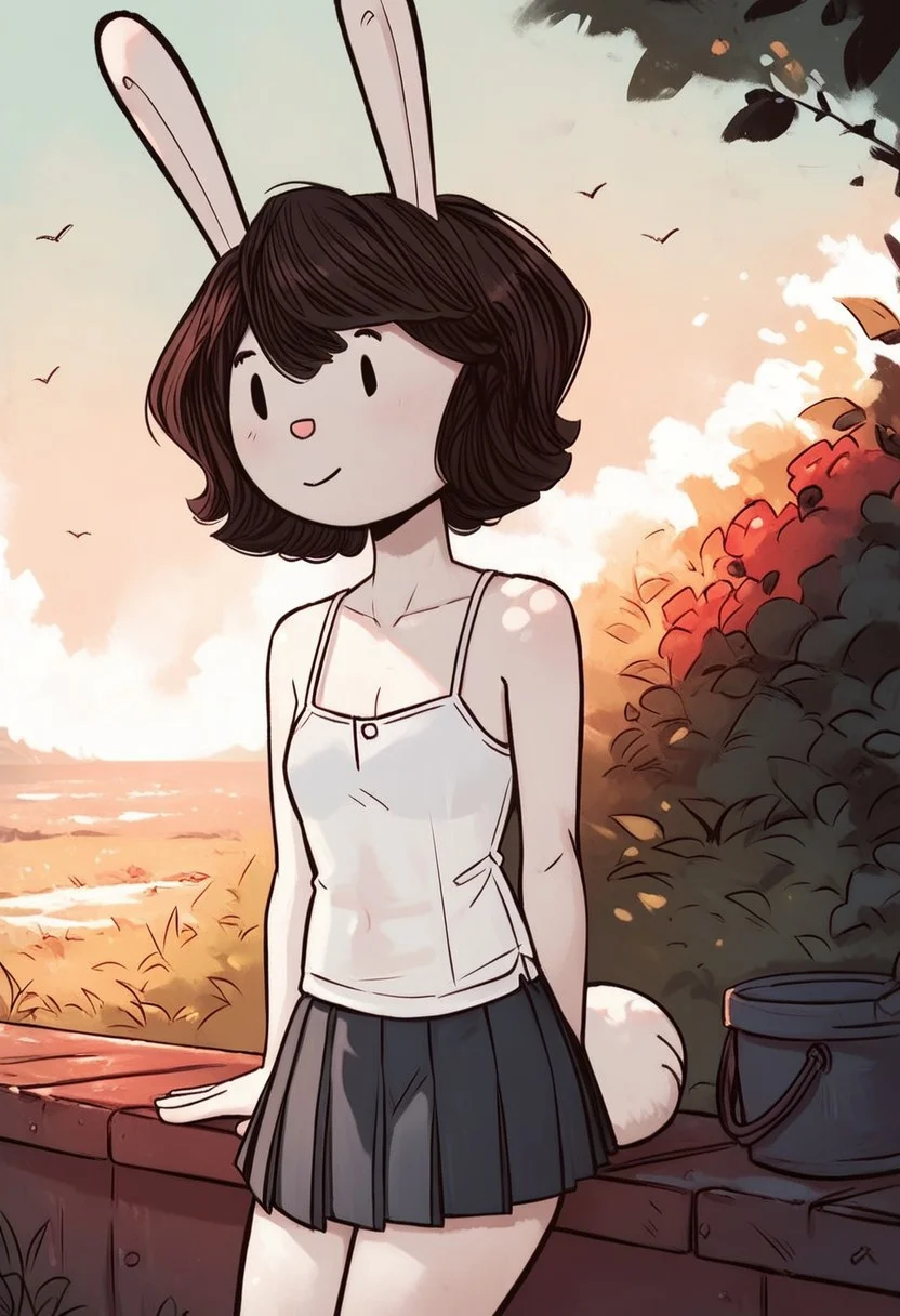 score_9, score_8_up, score_7_up, _r4b_, pleated skirt, white skin, outdoors, day, camisole, (rabbit ears:0.4)