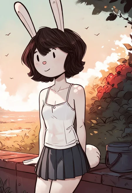 score_9, score_8_up, score_7_up, _r4b_, pleated skirt, white skin, outdoors, day, camisole, (rabbit ears:0.4)