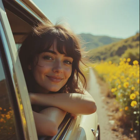 Medium close-up of a smiling alluring woman leaning out of a car window, her black hair, gently tousled by the wind, showcasing an intimate moment during a road trip. The background is a blurred landscape of blooming hills, bathed in soft, warm sunlight. her expressive eyes convey a sense of contemplation and longing, reflecting the feelings of freedom and adventure. The vibrant colors, featuring floral tones of yellow and green with a hint of blue in the sky, evoking a nostalgic, film-like quality. the scene captures the essence of a carefree journey, blending elements of candid photography and impressionistic aesthetics. retr0grade80s, aidmaMJ6.1