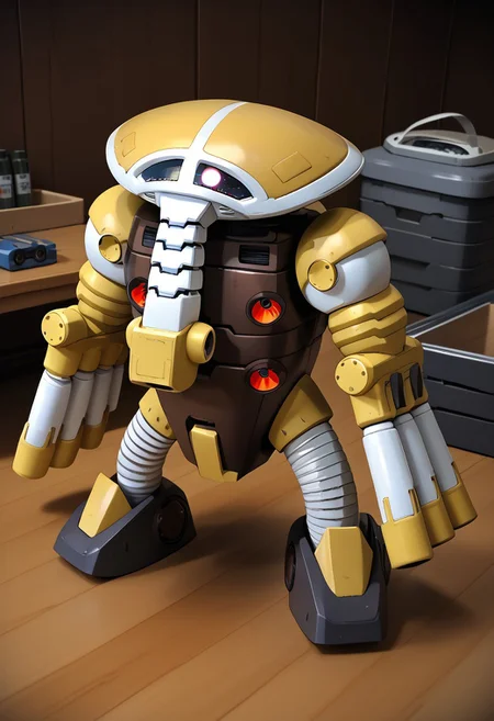 score_9, score_8_up, score_7_up, source_anime, front view, view from above, BREAK, ( juaggu, pink monoeye, looking to the side, standing, arms out to the side, finger cannons pointing to the sides, extended nose, ) 1mech, mech focus, solo, BREAK, desk, cutting mat, sanding sticks, cardboard box, hobby supplies,